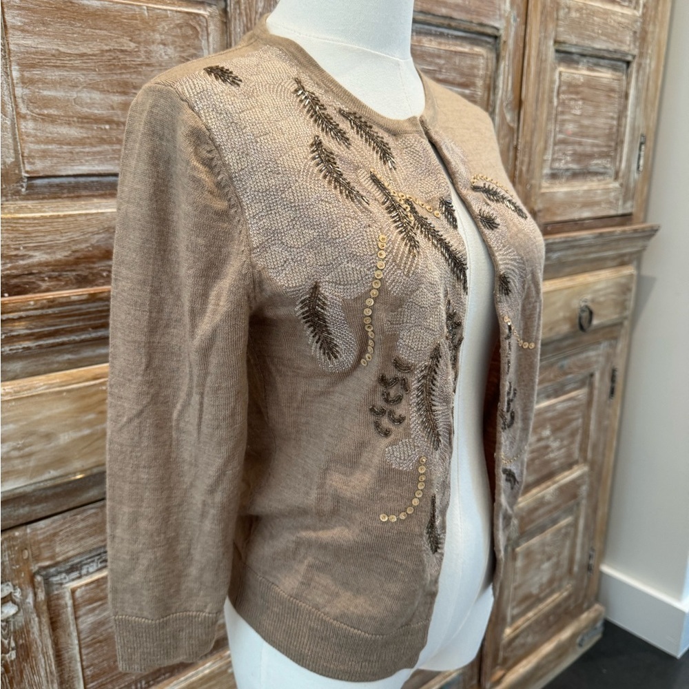 Trina Turk Brown Embellished Merino Wool Cardigan Size Small - Picture 2 of 8